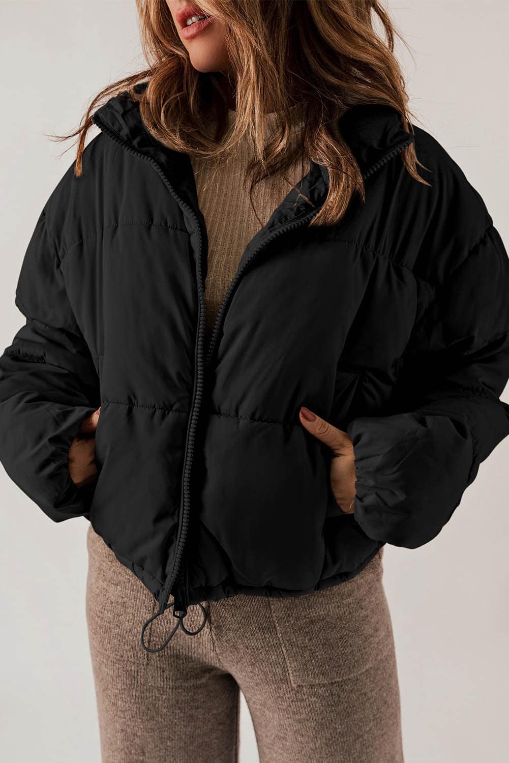 Zip Up Drawstring Hem Puffer Coat