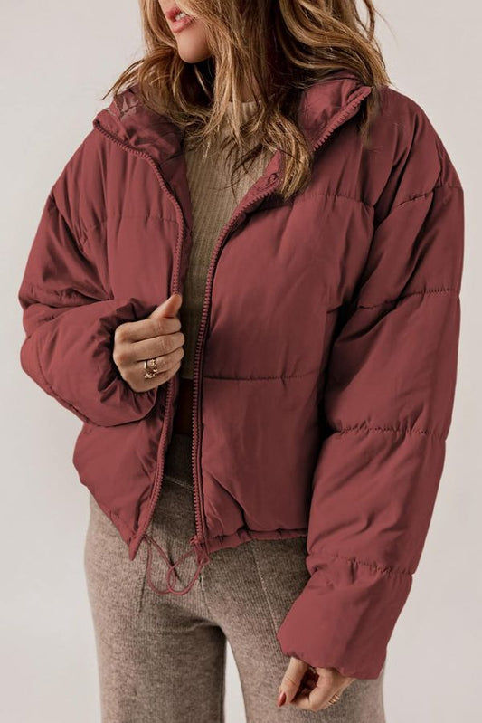 Zip Up Drawstring Hem Puffer Coat