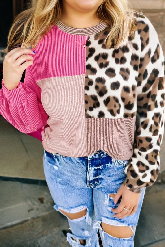 Block Leopard Patchwork Long Sleeve Top