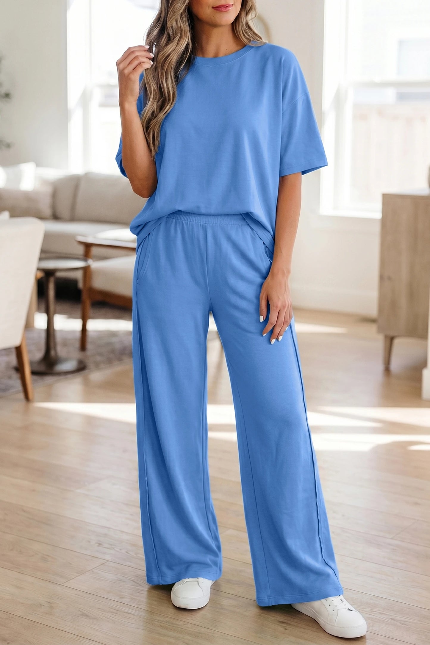 Solid Cover Oversize Tee Pocketed Casual Pants 2pcs Outfit