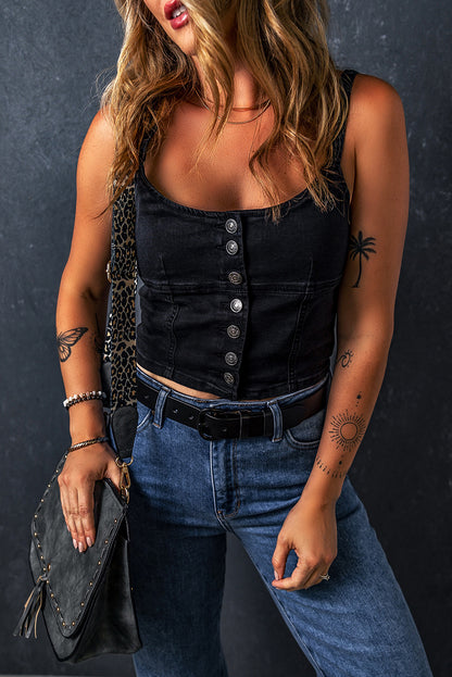Acid Wash Buttoned Cropped Slim Denim Tank Top
