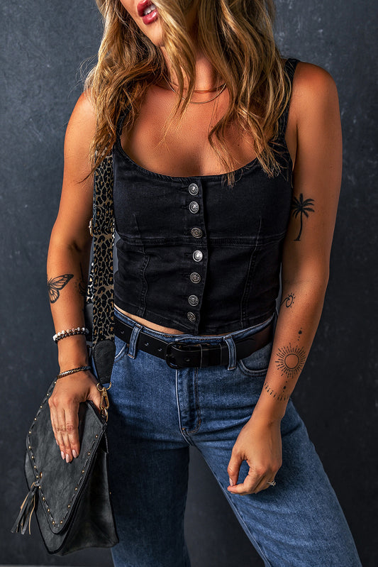 Acid Wash Buttoned Cropped Slim Denim Tank Top