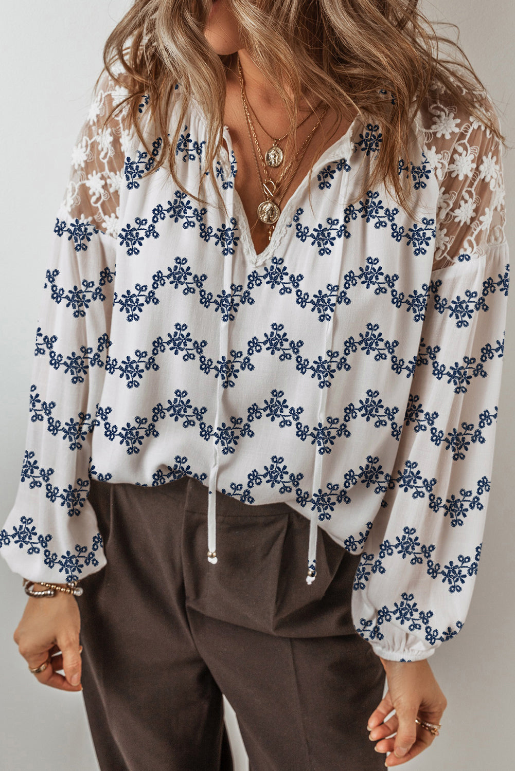 Lace Patchwork Floral Bubble Sleeve V Split Neck Blouse