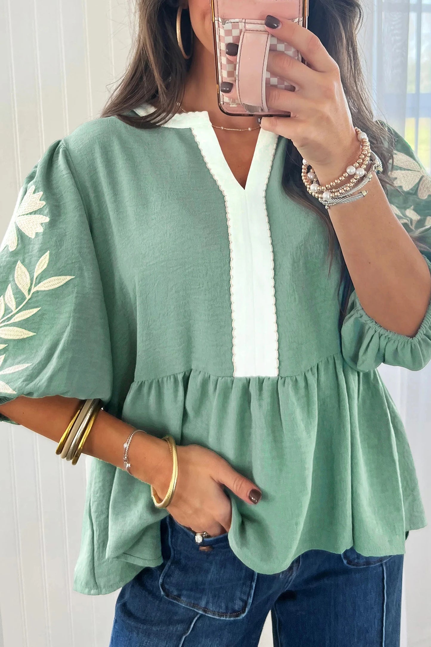 V Neck Embroidered Puff Sleeve Babydoll Blouse