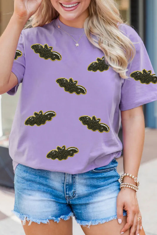 Sequin Halloween Bat Patched Casual T Shirt