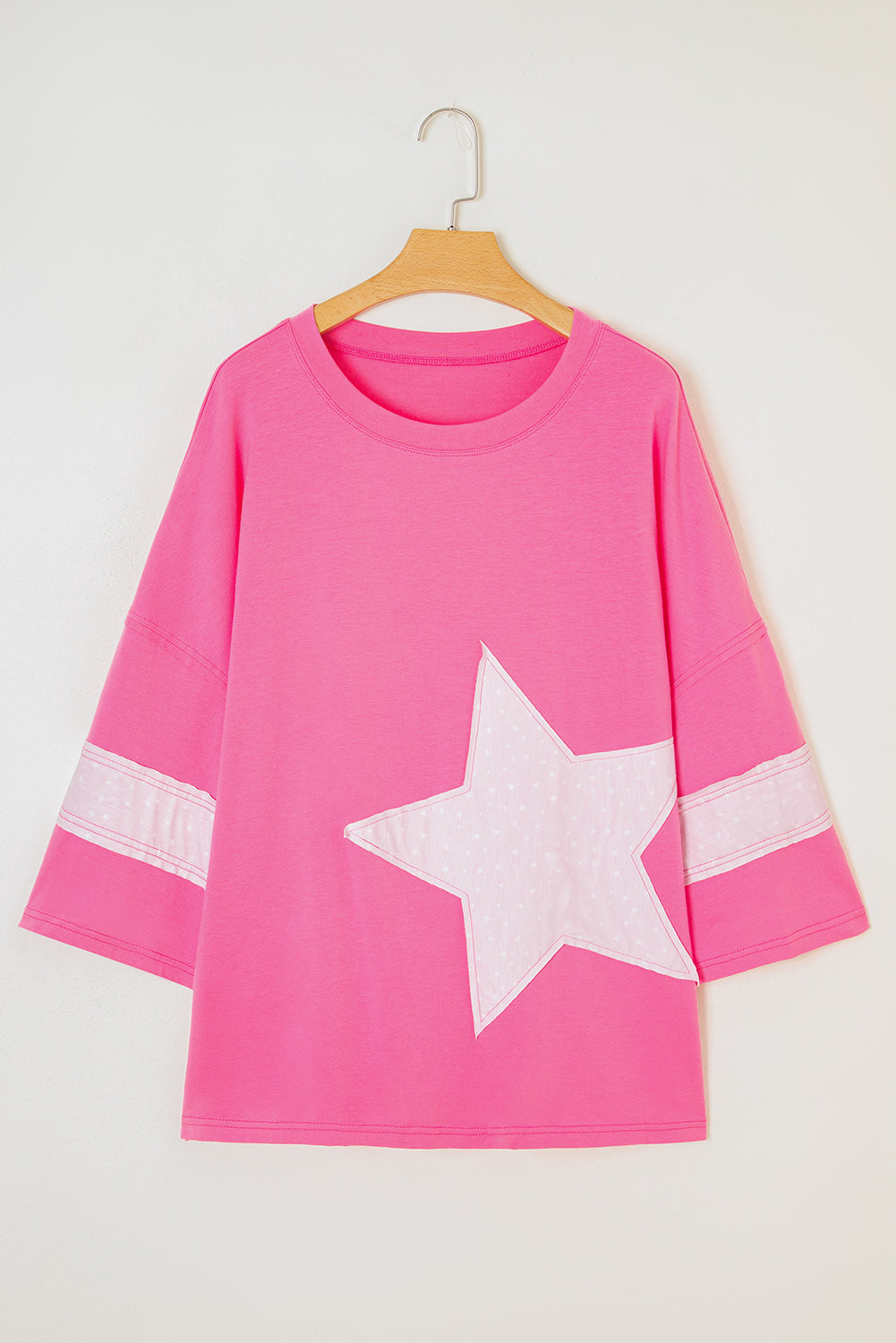 Star Patched Colorblock Raw Edge Bracelet Sleeve Plus Size Loose Tee