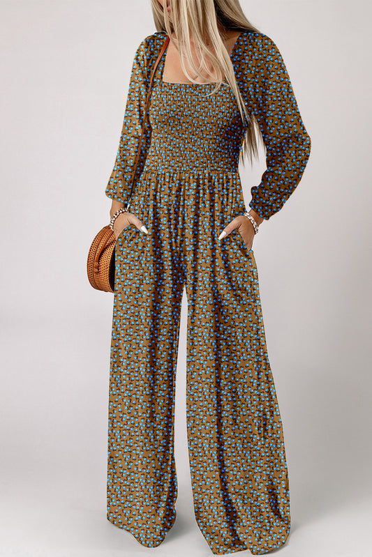 Floral Print Western Smocked Bodice Square Neck Wide Leg Jumpsuit