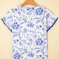 Blue Elegant Floral Print Ricrac Trim Short Sleeve Blouse