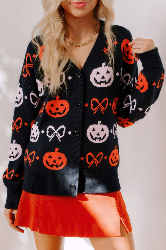 Halloween Pumpkin Bow Knit Button V Neck Sweater Cardigan