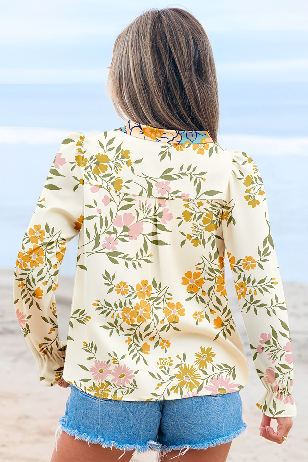 Floral Print Ruffled Long Sleeve Crochet Trim V Neck Blouse