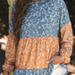 Floral Color Block Patchwork Ruffled Hem Round Neck Blouse