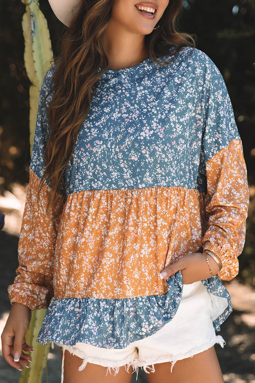 Floral Color Block Patchwork Ruffled Hem Round Neck Blouse