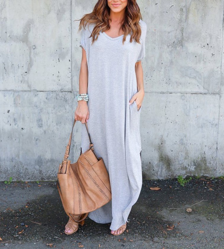 Solid Color V-neck Pocket Slit Dress