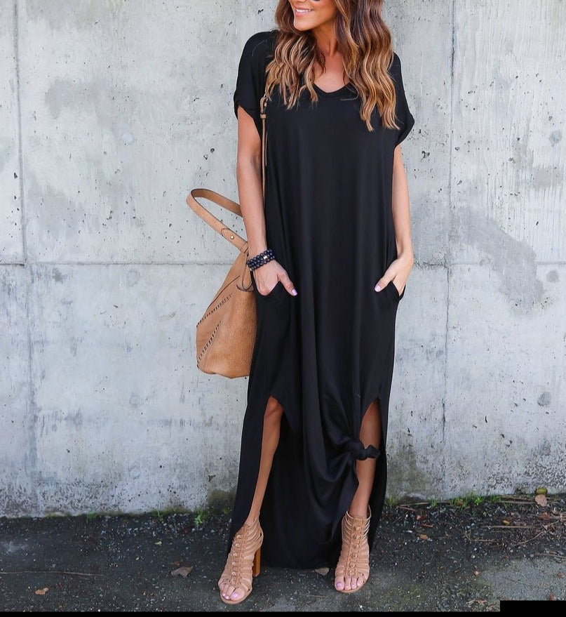 Solid Color V-neck Pocket Slit Dress