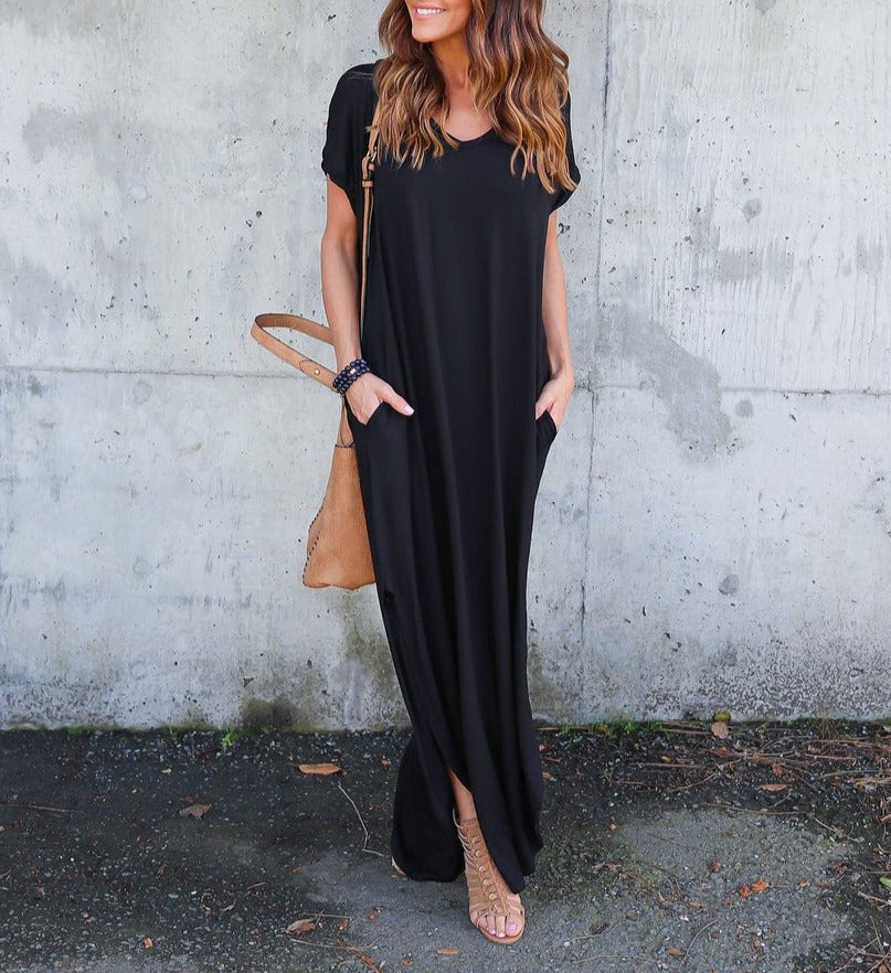 Solid Color V-neck Pocket Slit Dress