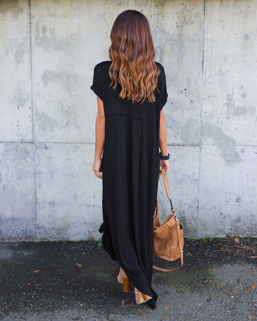 Solid Color V-neck Pocket Slit Dress