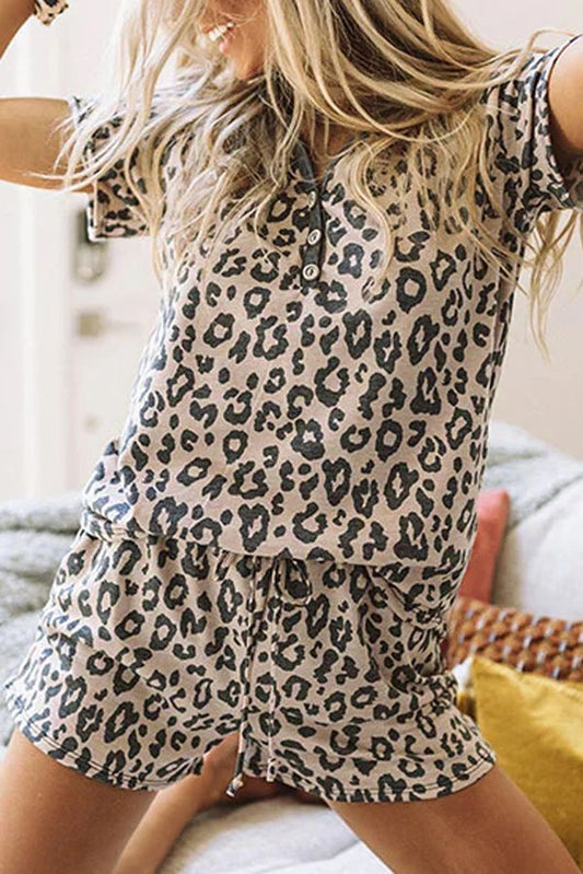 Leopard Short Sleeve Tee and Drawstring Shorts Set