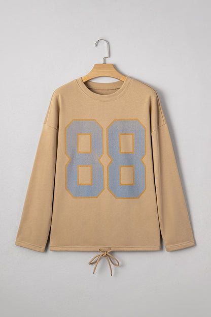 88 Number Graphic Drawstring Hemline Oversize Long Sleeve Top
