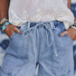 Drawstring Seam Detail Raw Hem Wide Leg Denim Pants