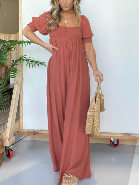 Solid color square neck puff sleeve jumpsuit