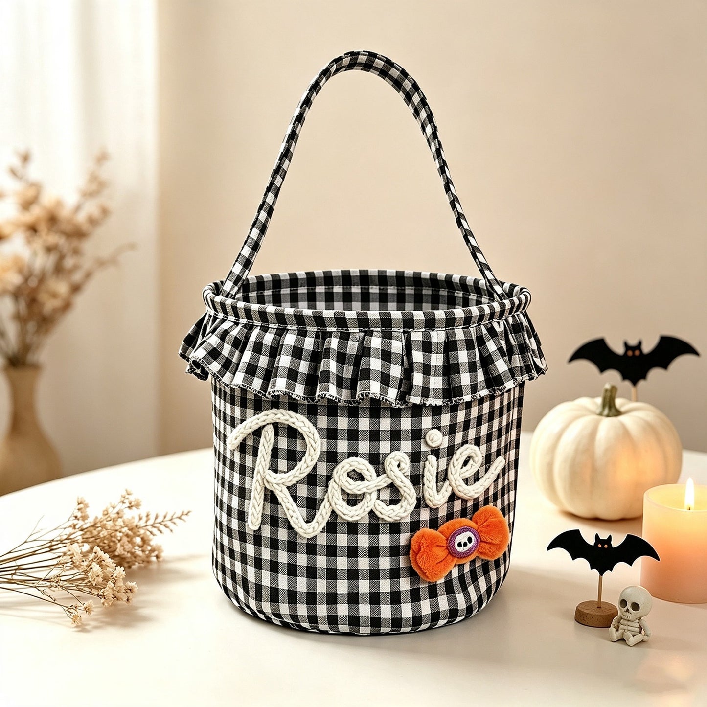 Custom Personalized Halloween Ruffled Candy Basket/Bucket