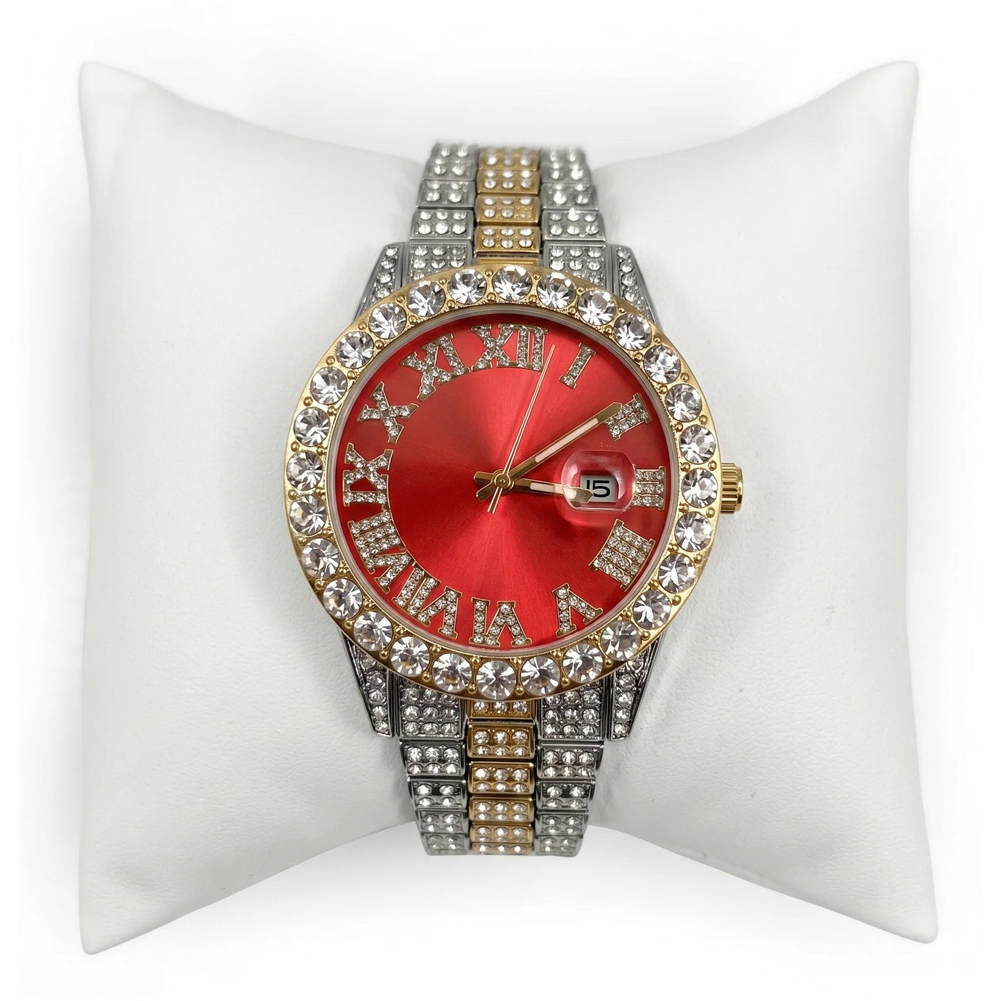 Rhinestone Red Gold Silver Band Watch