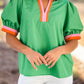 Puff Sleeve Pop of Color Neckline Blouse