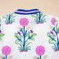 Floral Print Contrast Striped Trim Notched Neck Long Sleeve Dress