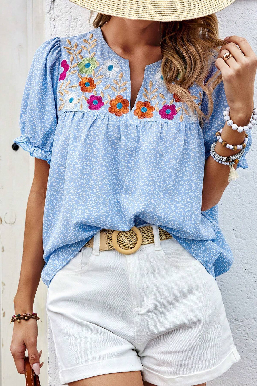 Floral Embroidered Puff Sleeve Notched V Neck Blouse
