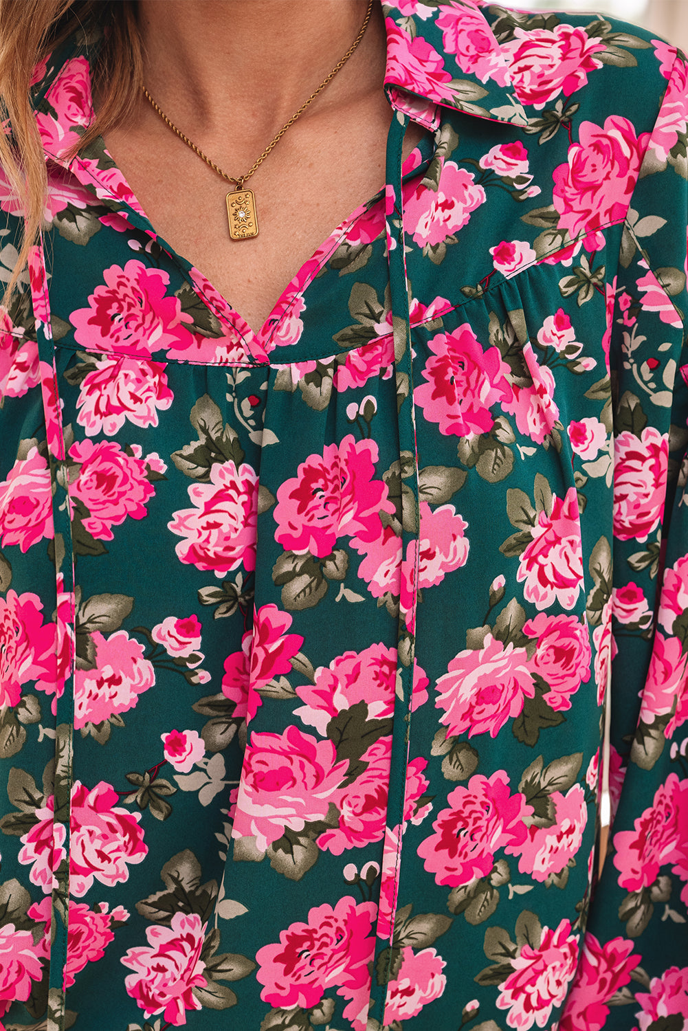 Floral Printed Tied Collar Puff Sleeve Blouse