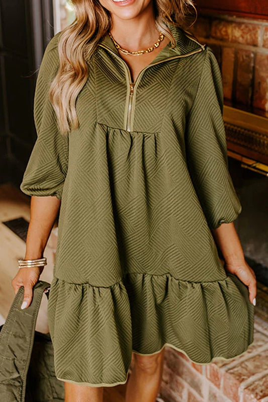 Quarter Zip Collar Bracelet Sleeve Textured Mini Dress