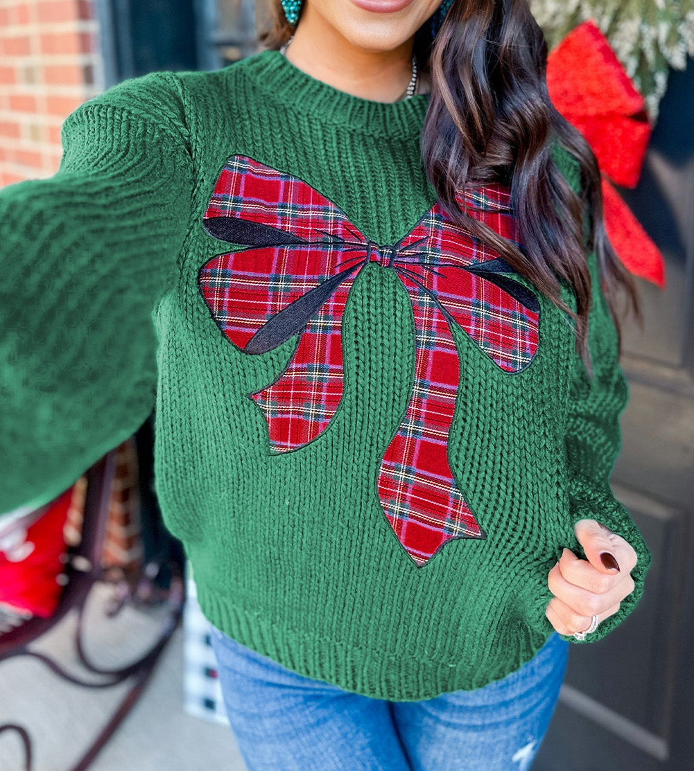 Plaid Bow Graphic Christmas Sweater