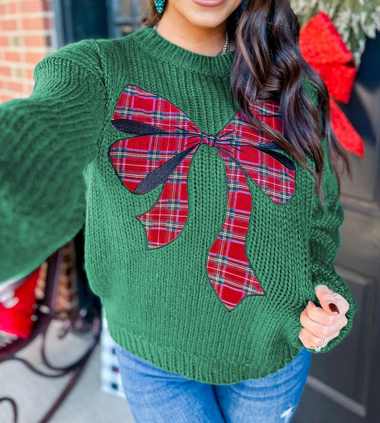 Plaid Bow Graphic Christmas Sweater