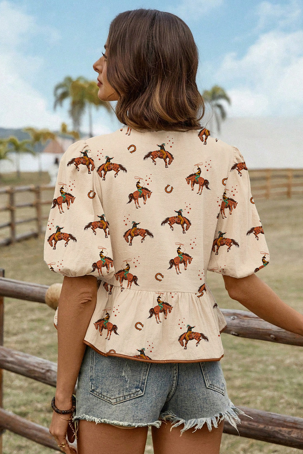 Cowboy Print Puff Sleeve Bowknot Peplum Blouse