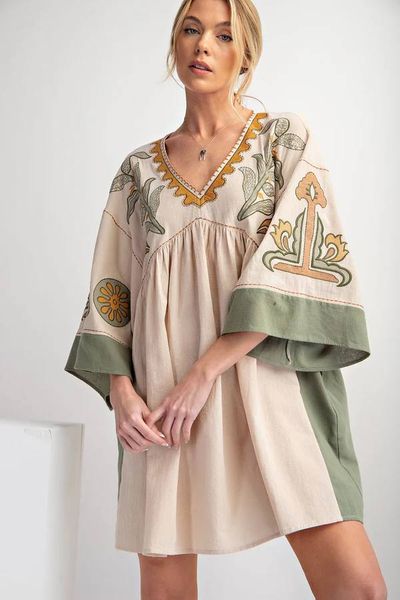 Boho Embroidered Linen Dress