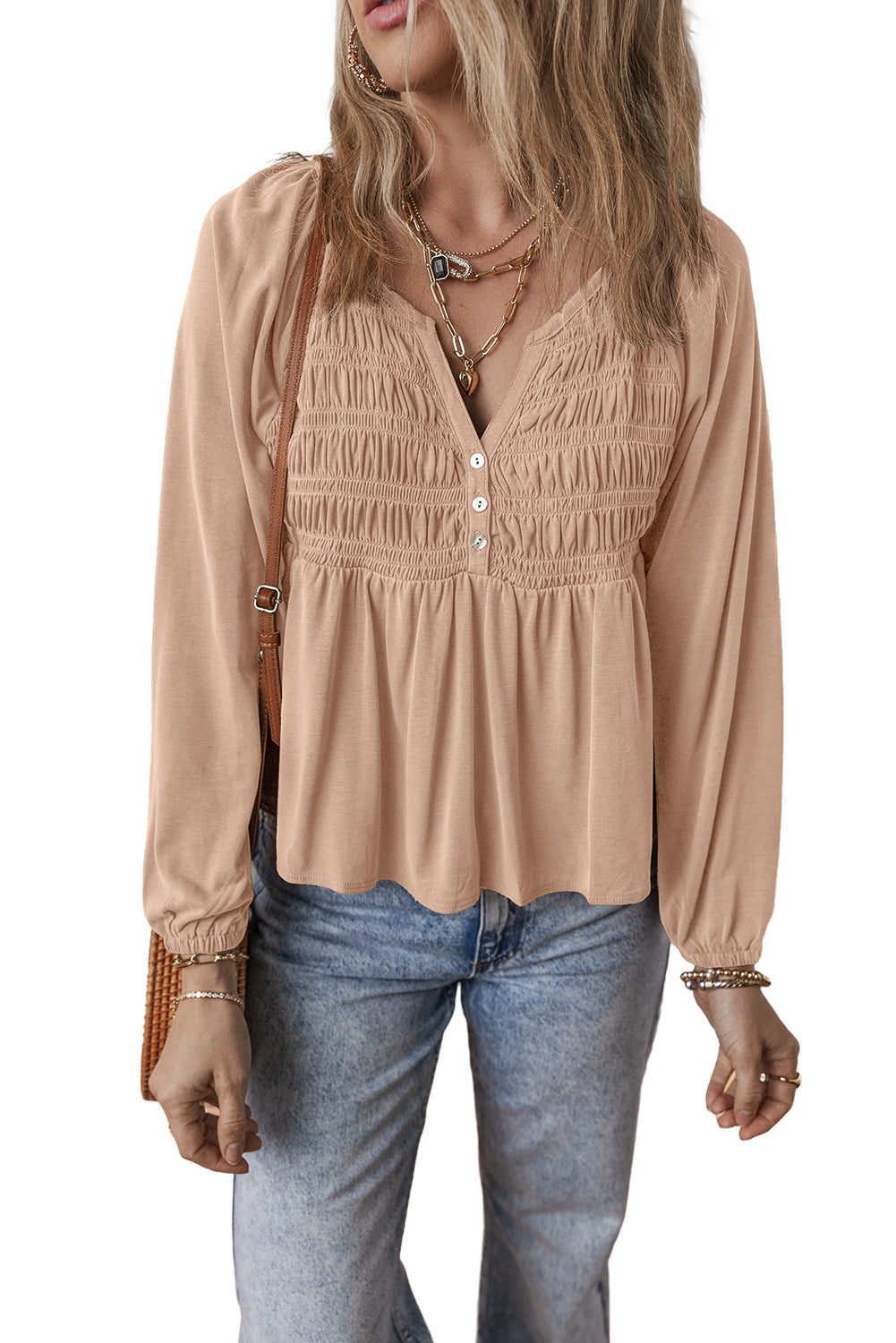 Smocked Bust Buttoned Split V Neck Flow Fit Blouse