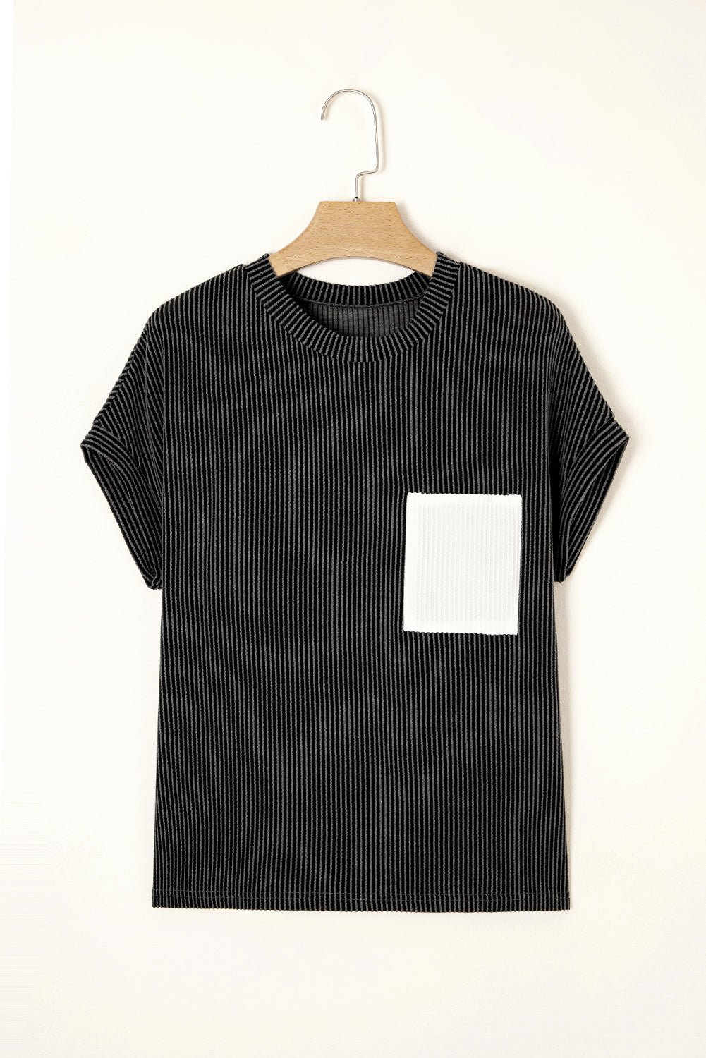 Corded Knit Color Block Pocketed Crew Neck T Shirt