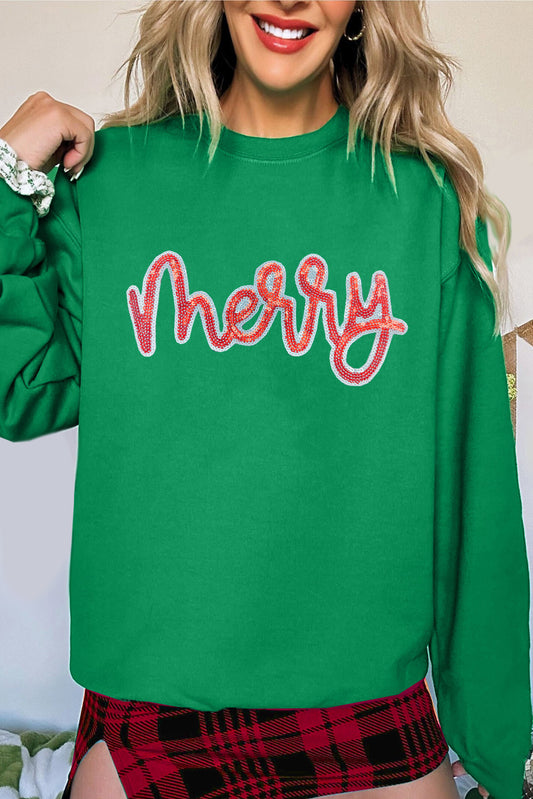 Merry Sequin Letter Patched Drop Shoulder Baggy Sweatshirt