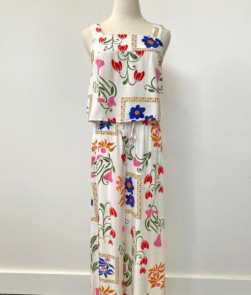 Flower Square Neck Tank+Wide Leg Pants Set