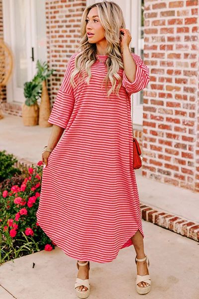 Pink Striped Drop Sleeve Loose Dress