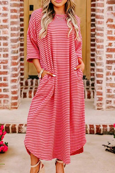 Pink Striped Drop Sleeve Loose Dress