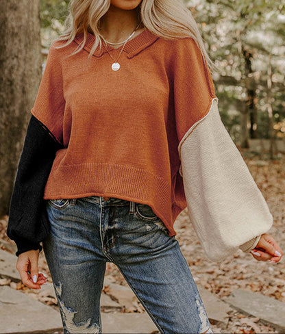Colorblock Raw Edge Bubble Sleeve V Neck Sweater