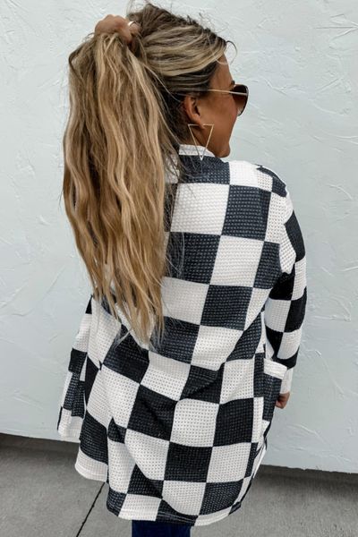 Checkered Waffle Open Front Cardigan