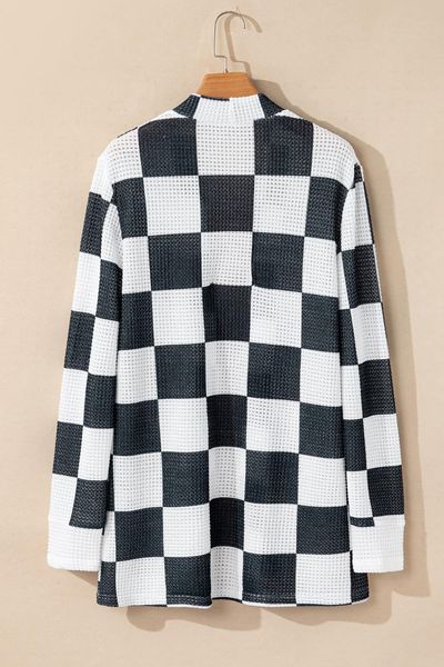 Checkered Waffle Open Front Cardigan