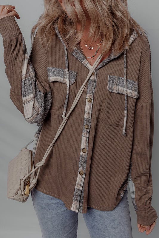 Plaid Patchwork Button Down Drawstring Hooded Shacket