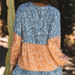 Floral Color Block Patchwork Ruffled Hem Round Neck Blouse