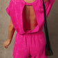 Mist Blue Mineral Wash Drawstring Waist Hollow Out Back Short Sleeve Romper