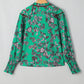 Leaves Print Contrast Trim V Neck Shirred Puff Sleeve Blouse