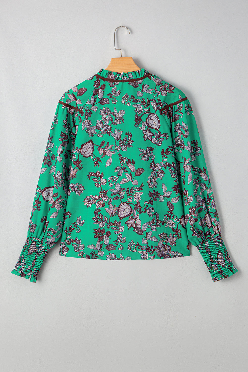 Leaves Print Contrast Trim V Neck Shirred Puff Sleeve Blouse