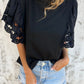 Hollow Out Embroidered Short Sleeve O Neck Top